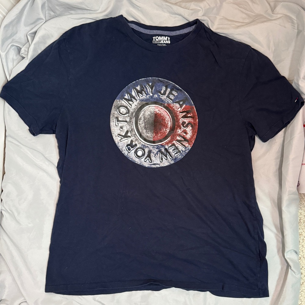 Tommy Jeans Mens Navy Blue Graphic T-Shirt Large New York Logo Tee
